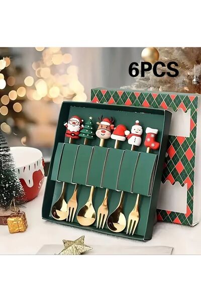 bag and shine 6-Piece Christmas Themed Stainless Steel Gold Spoon and Fork Set (6 Pieces) Green Box