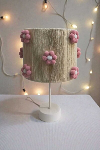 C&A&B KUZEY AVİZE Ekru Macrome Cylinder Rope Wraping Pink Flower Pompon Baby Girl and Girl Children's Room Lamp Shade