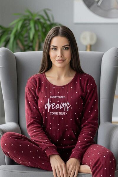 Pijamaevi Burgundy Dream Patterned Kangaroo Pocket Plush Fleece Pajama Set