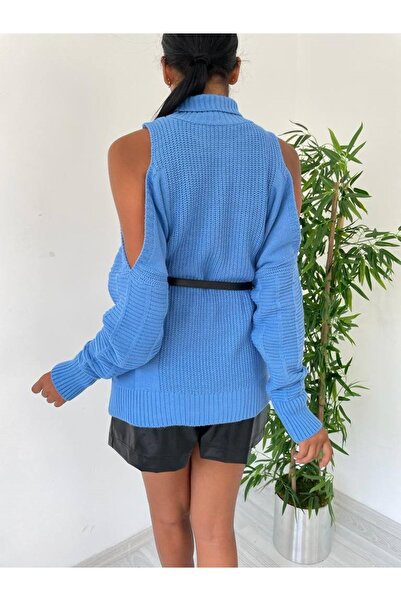 GİYSİ DÜNYASI 57 Knit Fabric Fisherman Collar Shoulder Detail Long Sweater