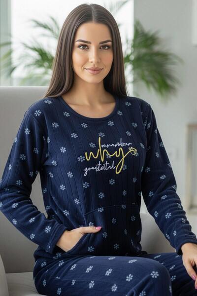 Pijamaevi Navy Blue Why Patterned Kangaroo Pocket Plush Fleece Pajama Set