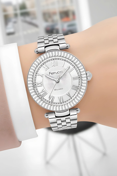 Ferrucci Steel Cord Steel Case Women Wrist Watch, Bracelet Gift Silver Color ...