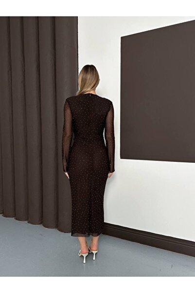 orjinal blue b Φόρεμα με μακρύ μανίκι με πέτρες μαύρο μίντι τούλι