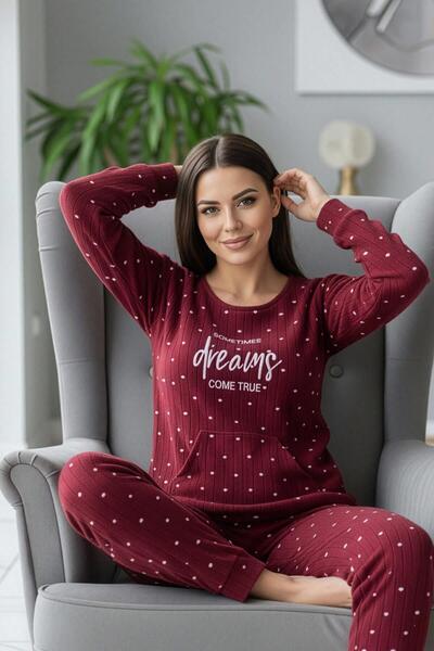 Pijamaevi Burgundy Dream Patterned Kangaroo Pocket Plush Fleece Pajama Set