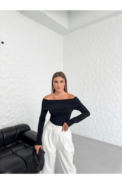 louyan fashion Kadın Siyah Modonna Yaka Bluz