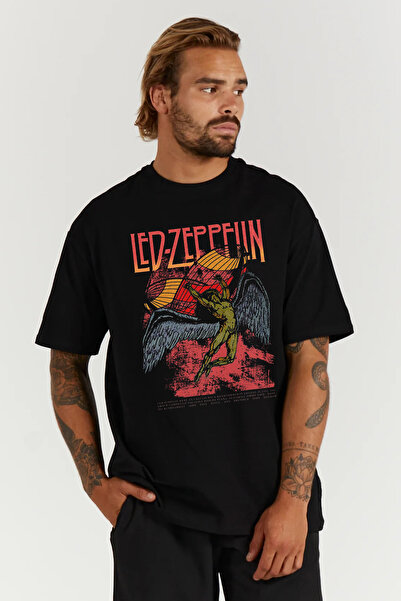 kun inaki Led Zeppelin Baskılı Oversize Kalıp Siyah Geniş Bol Kesim Erkek Tişört