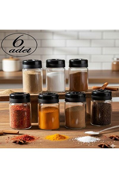 Saint Belisama Concept New Generation 6-Piece Glass Spice Jar Set 245 ml with Swivel Lid Salt Shaker Pepper Shaker for Powdered Pepper, Cumin, Salt,