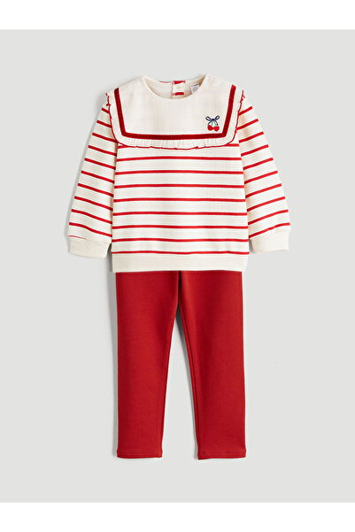 LC Waikiki سترة وبنطلون ضيق للفتيات بياقة دائرية وخطوط حمراء