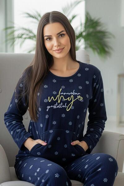 Pijamaevi Navy Blue Why Patterned Kangaroo Pocket Plush Fleece Pajama Set