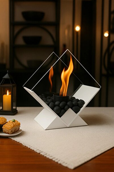 Ecaron Store Masaüstü Beyaz Bioethanol Şömine – Yakıt ve Taş Hediyeli