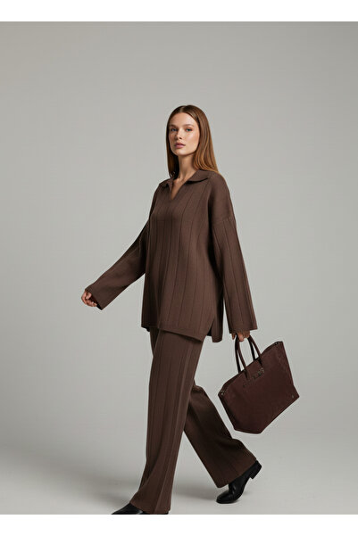 My Blog Brown Polo Neck Top and Bottom Set - 04588