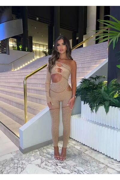 Novapia Taşlı file dekolteli tek kol vücut çorabı tulum