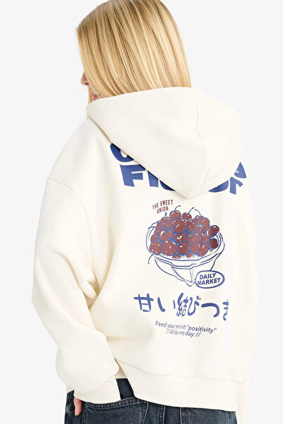 DeFacto G3198Axwt47 White Coool Hooded Back Printed Sweatshirt