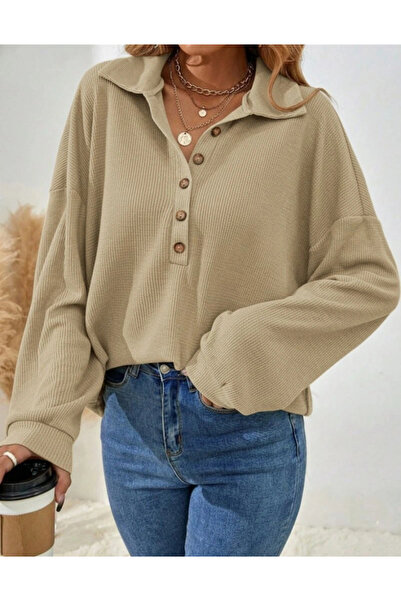 GENCULUS Mdb Women's Long Sleeve Collared Buttoned Loose Waffle Blouse