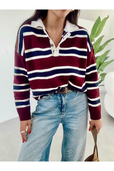 BELLA VESTA ATİELER KADIN ÇİZGİLİ POLO YAKA TRİKO SWEATSHIRT