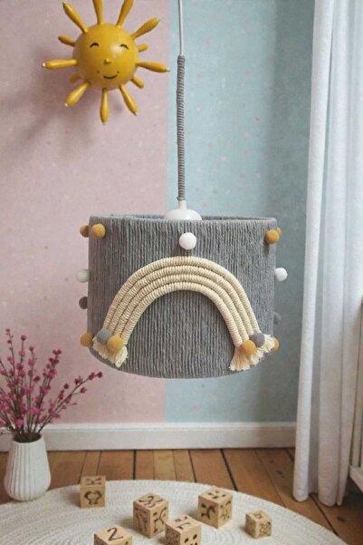 C&A&B KUZEY AVİZE Gri Makrome Ip Sargılı Beyaz Gökkuşağı Gri Vizon Ponponlu Kız Bebek Çocuk Odası Sarkıt Avize