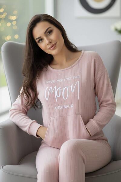Pijamaevi Light Pink Moon Patterned Plush Fleece Pajama Set with Kangaroo Pocket