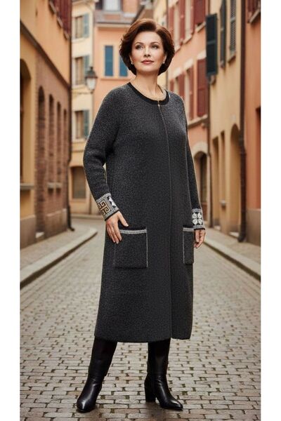 larocci Plus Size Ethnic Detailed Long Knit Cardigan