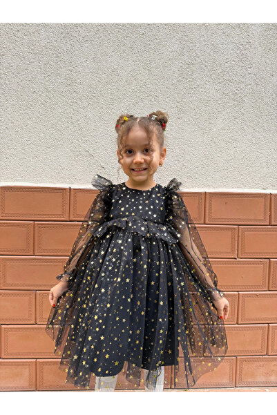 Minizade Baby Girls Children's Starry Tulle Long Sleeve Combed Cotton Lined Birthday Special Occasion Party Eid Dress