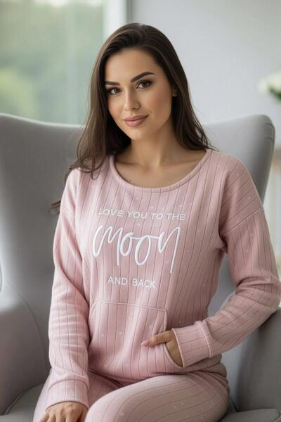 Pijamaevi Light Pink Moon Patterned Plush Fleece Pajama Set with Kangaroo Pocket