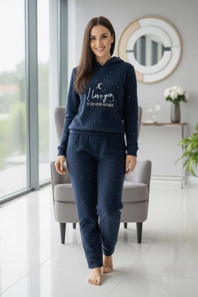 Pijamaevi Navy Blue Love Patterned Hooded Plush Fleece Pajama Set
