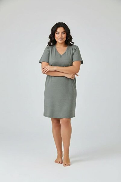 enmodaiçgiyim Women's Green Striped Plus Size Matching Cotton V-Neck Comfortable Fit Casual Dress