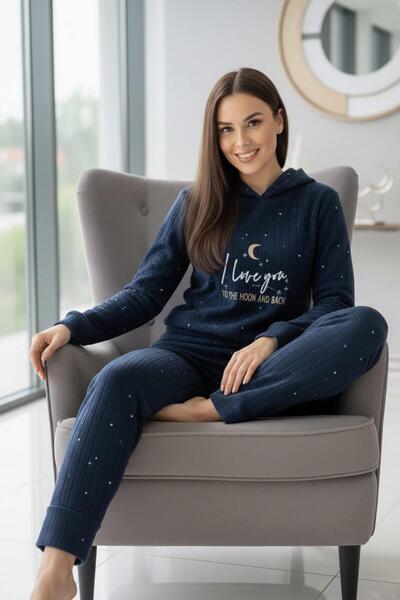 Pijamaevi Navy Blue Love Patterned Hooded Plush Fleece Pajama Set