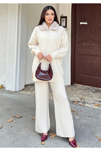 Little Visqon Kürk Yakalı Triko Tunik Pantolon Oversize Alt Üst Takım