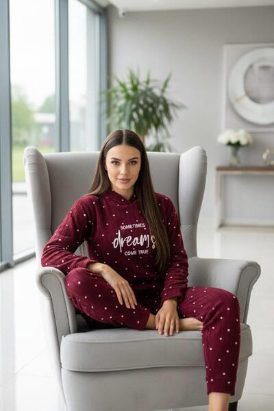 Pijamaevi Bordo Dreams Patterned Hooded Plush Fleece Pajama Set