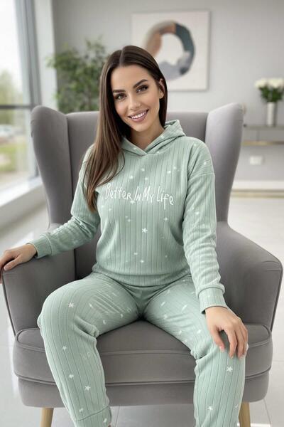 Pijamaevi Mint Life Patterned Hooded Plush Fleece Pajama Set