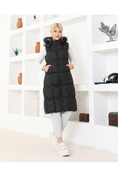 canzengın سترة نسائية سوداء قابلة للنفخ مع غطاء رأس قابل للفصل