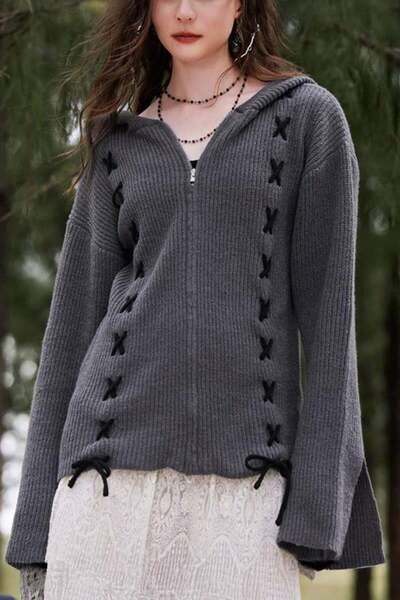 harmony factory Hooded Unisex Cardigan with Smoked Lace Detail