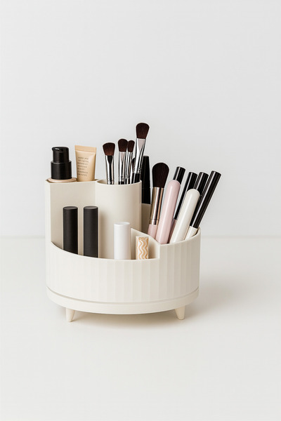 Impress منظم مكياج صغير الحجم بيج – 360 °   حامل منظم مكياج متعدد الأقسام قابل للدوران