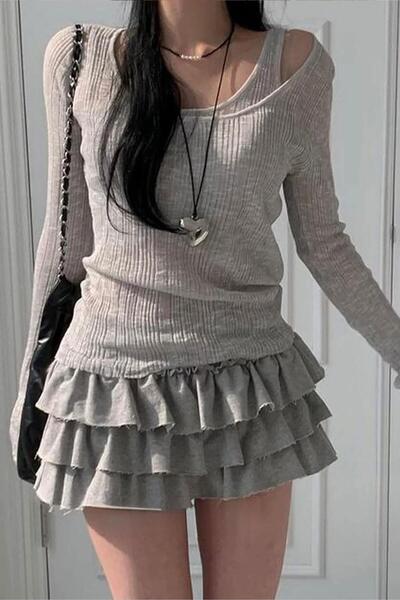 harmony factory Gray Ek Strap Madonna Collar Harajuku Y2K Long Sleeve Crop