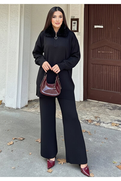 Little Visqon Kürk Yakalı Triko Tunik Pantolon Oversize Alt Üst Takım