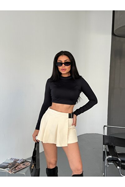 LB Laluna Butik Women's Belt Detailed Pleated Skirt with Shorts on the Back