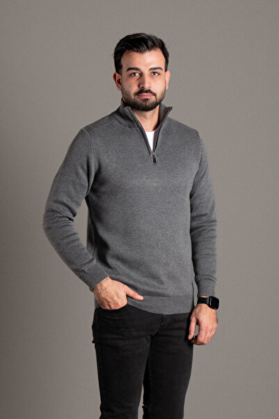 ZEKİ ÖZER Men's Anthracite Zip-Up Stand-Up Collar Knitwear