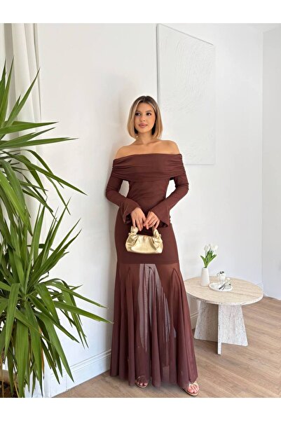 Miss Beyoğlu Rochie lungă de seară pentru femei, cu umerii goi – Rochie de se...