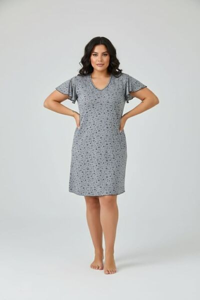 enmodaiçgiyim Women's Gray Patterned Plus Size Comfortable Fit Flared Sleeve Cotton V-Neck Casual Dress