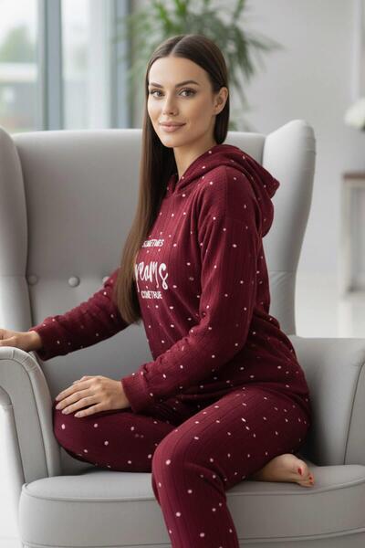 Pijamaevi Bordo Dreams Patterned Hooded Plush Fleece Pajama Set