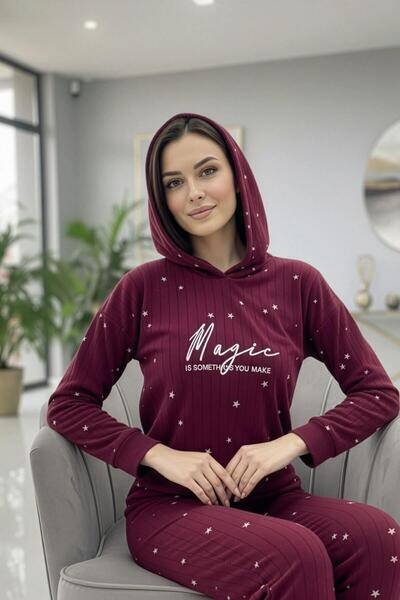 Pijamaevi Bordo Magic Patterned Hooded Plush Fleece Pajama Set