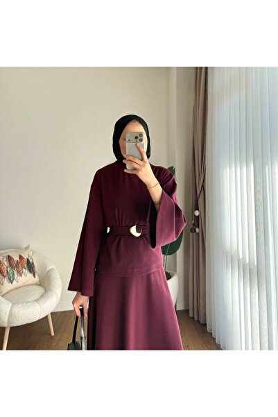 RFK Butik Women's Thessaloniki Fabric Belt Detailed Skirt Suit - Burgundy