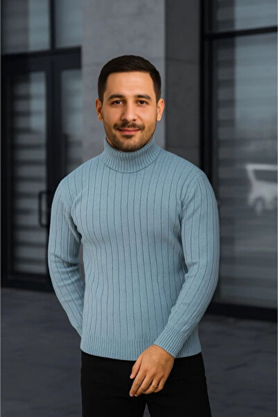 BALCI Men's Corded Fabric Knitwear Sweater Set of 2 Baby Blue Black Regular Turtleneck Full-Throated Knitwear Set Mod