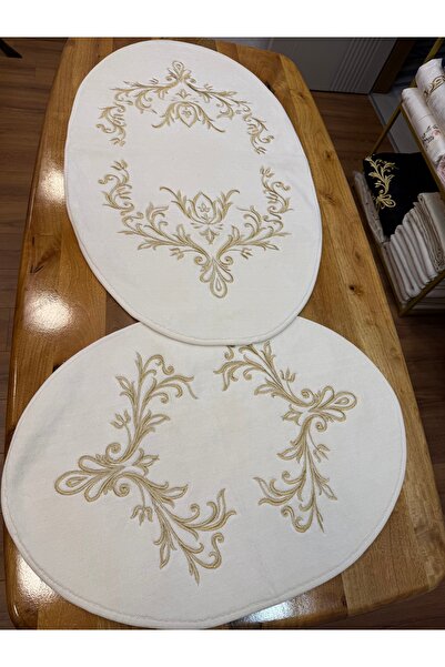 incisecrethome Σετ 2 Βαμβακερές Οβάλ Χαλιές Μαράσι με Κέντημα Χρυσό Κέντημα – 70x120 & 60x80