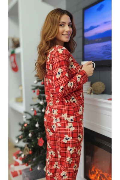 moda felinya Women's Cotton Fabric Micro Suede Red Checked and Bear Patterned Pajama Set