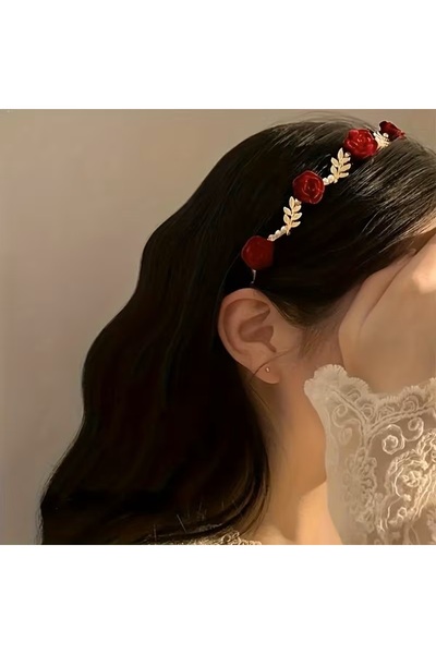 B&B Beauty Coroană elegantă cu flori roșii de trandafiri, coroană vintage pentru femei, pentru petrecerea de nuntă și utilizare zilnică