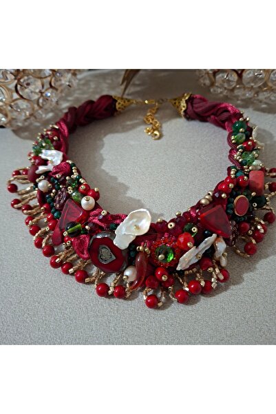 azra takı tasarım Handmade Red Burgundy New Year Christmas Gift Natural Stone Crystal Design Women Necklace