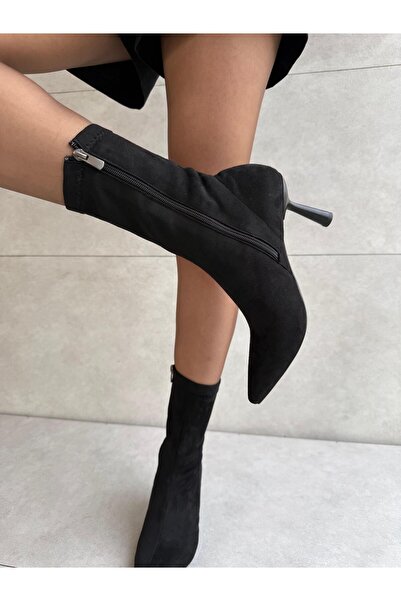 Elvinin Tarzı Ciel Black Suede Thin Heeled Flexible Women's Stretch Boots