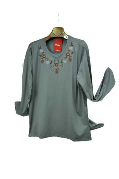 elma abone Plus Size Combed Cotton Embroidered Blouse