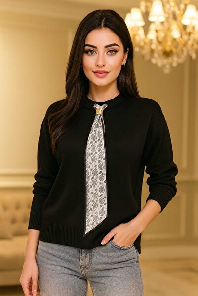 BELLA VESTA ATİELER Kadın Düğmeli Polo Yaka Fularlı Triko Kazak/Sweatshirt